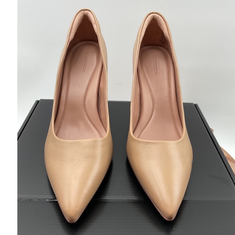 Nordstrom Poppy Tan Leather Block Heel Pointed Toe Pumps Size 11M NOPOPPY-LEA